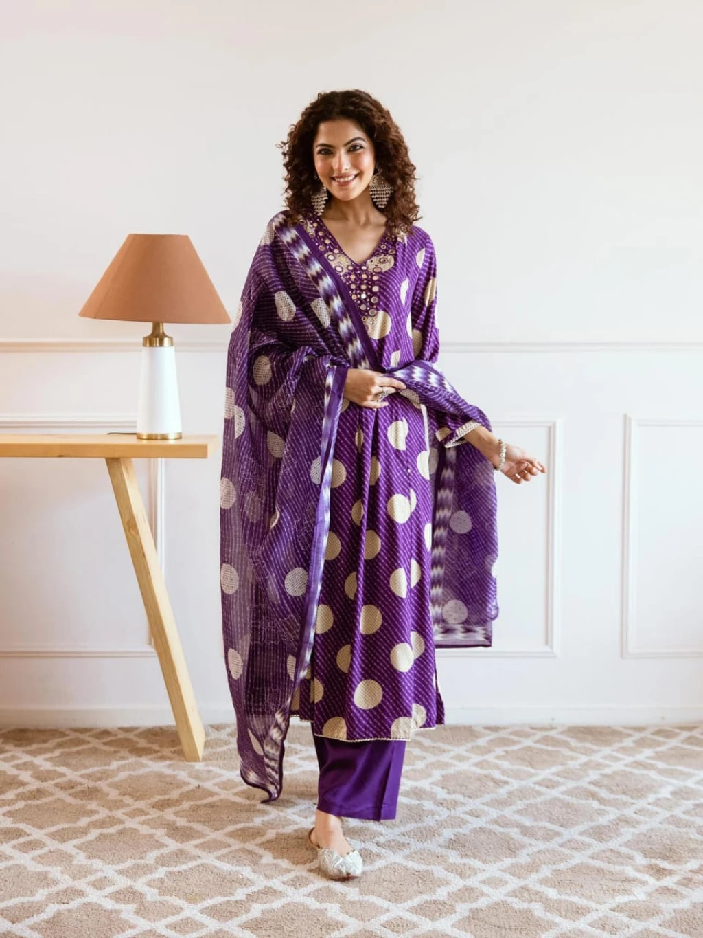 Look stylish in our new Polka Dot kurta pant & duppata set for all day comfort