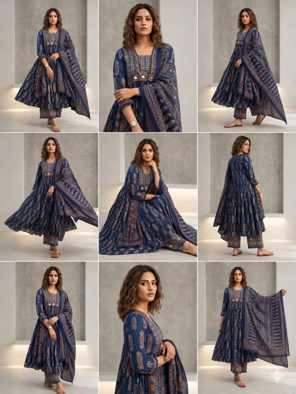 The Ajrakh print Anarkali suit with beautiful handwork and mirror work