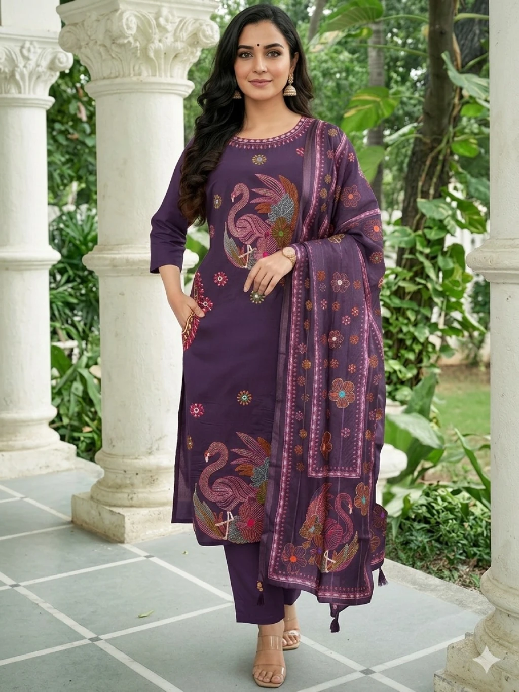 ROMAN SILK With EMBROIDERY WORK WITH MIRROR