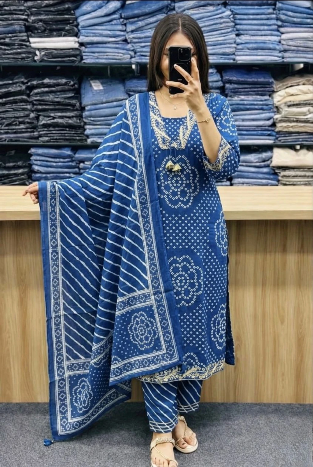 Beautiful cotton kurti and pant with mal mal dupatta with embroidery work