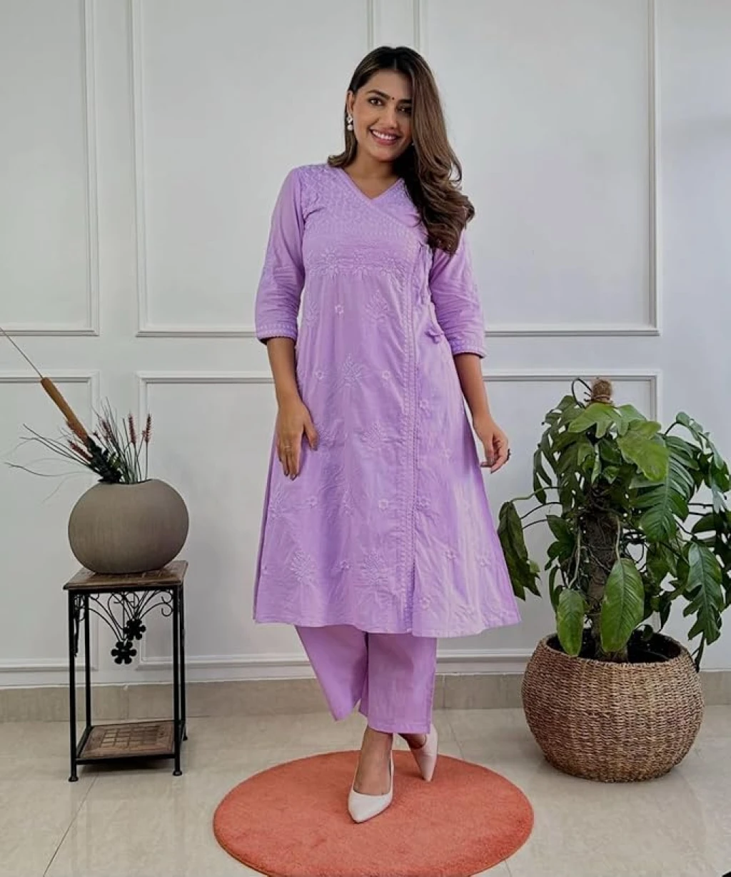 Lavender Cotton Angrakha Kurta with Matching Pants