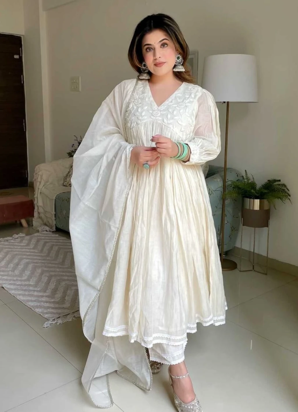 Anarkali Gown Paired With Cotton Pant And Chanderi duppata set
