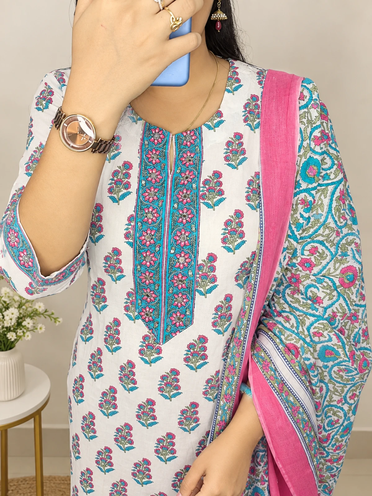 Elegant Floral Cotton Kurta Pant Dupatta Set  Womens Ethnic Wear